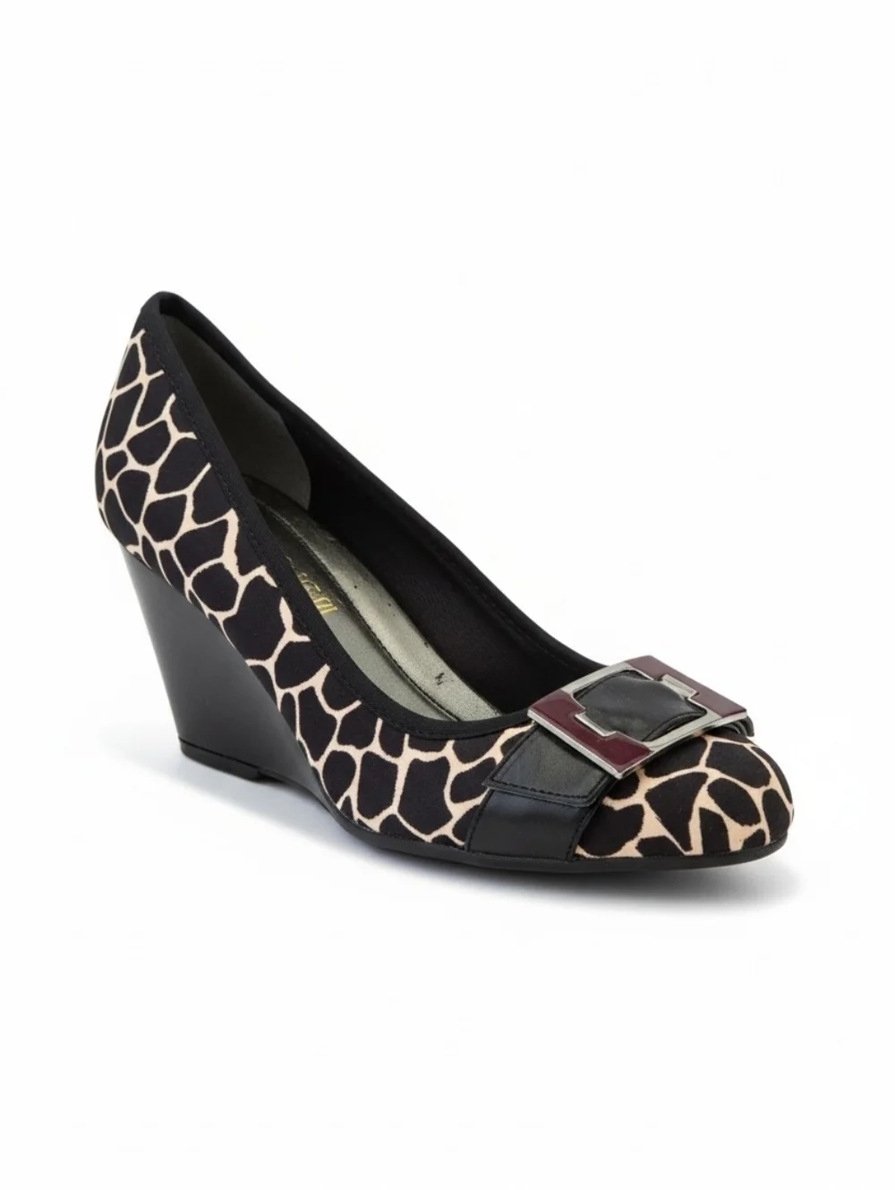 NEW! Bandolino Giraffe-Print Wedge Pump with Decorative Buckle - Black & Cream
